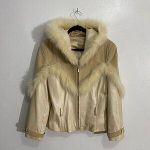 Vintage real leather and fur pearl coloured jacket.